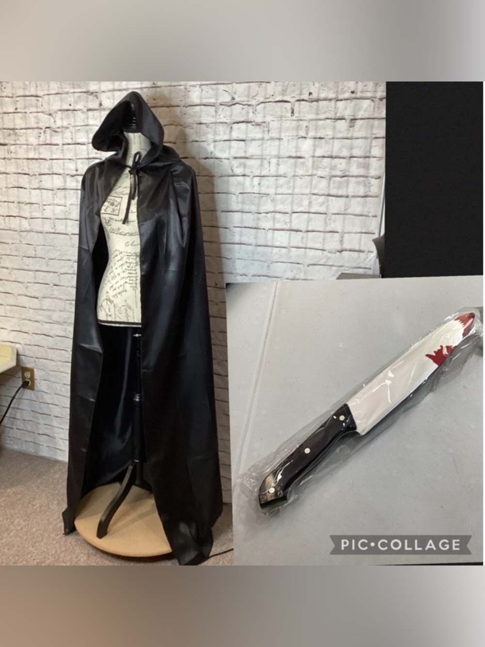 Long Black Hooded Halloween Vampire Witch Cape and Plastic Bloody Knife